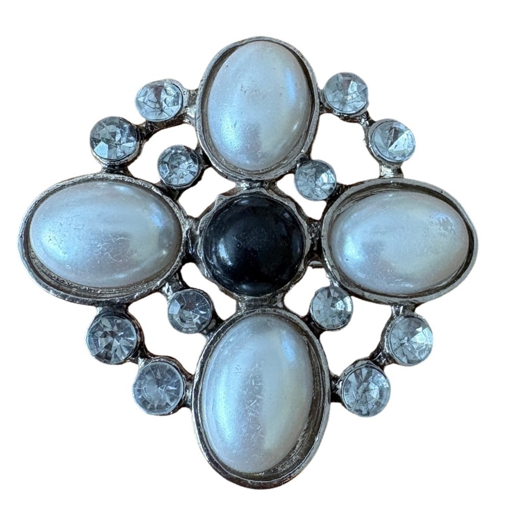 Vintage 80s Silver Tone Faux Pearl Rhinestone Maltese Cross‎ Brooch Pendant 2"